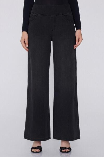 Black Soft Flex Denim Palazzo Trousers, , large image number 0