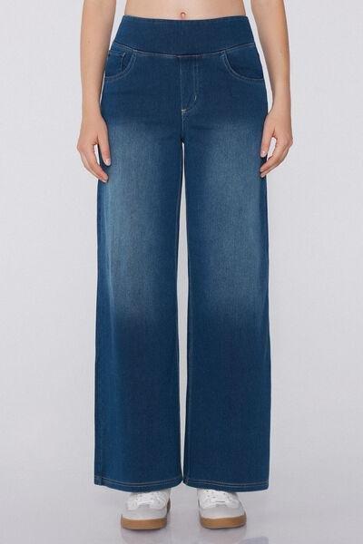 Navy Soft Flex Denim Palazzo Trousers, 5701_766Y, medium