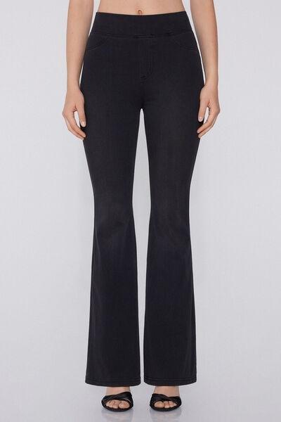 Black Soft Flex Denim Flared Trousers, , large image number 0