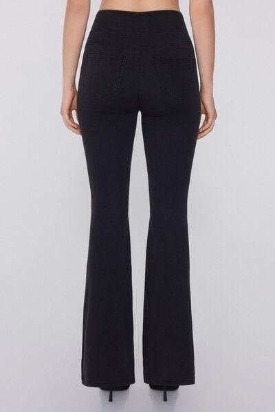 Black Soft Flex Denim Flared Trousers, , large image number 2