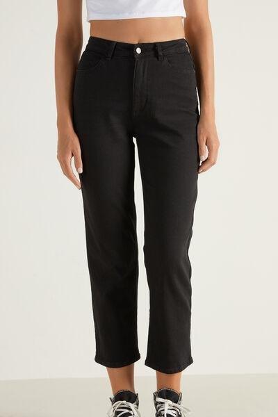 Black High-Waisted Denim Trousers, Black, medium