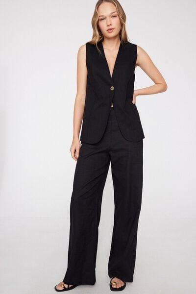 Black Cotton Canvas Palazzo Pants, Black, medium