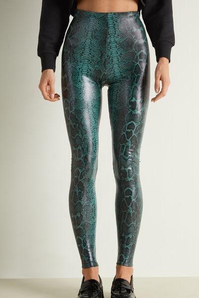 Green Python Print Coated-Effect Thermal Leggings, , large image number 0
