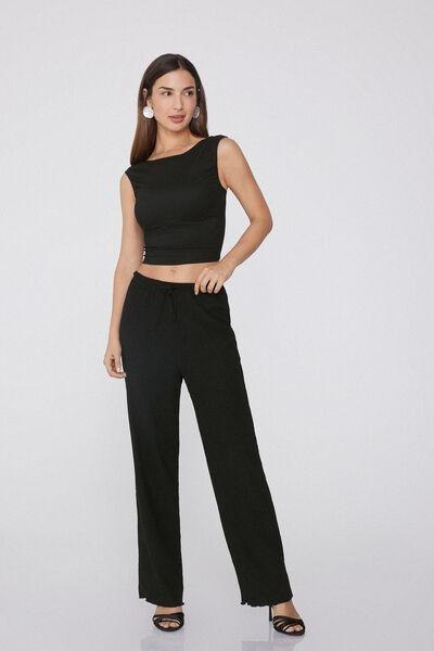 NERO Crepe-Effect Palazzo Trousers with Drawstring, Black, large image number 0