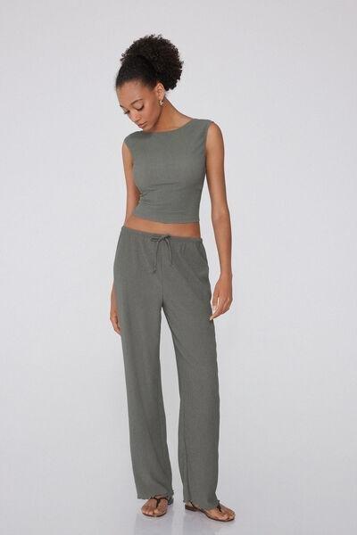 Green Crepe-Effect Palazzo Trousers, , large image number 1