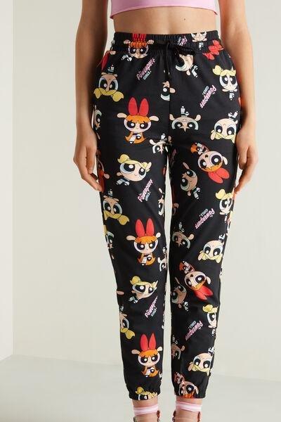 Black Powerpuff Print Girls Long Fleece Trousers, , large image number 0