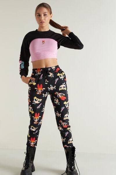 Black Powerpuff Print Girls Long Fleece Trousers, , large image number 1