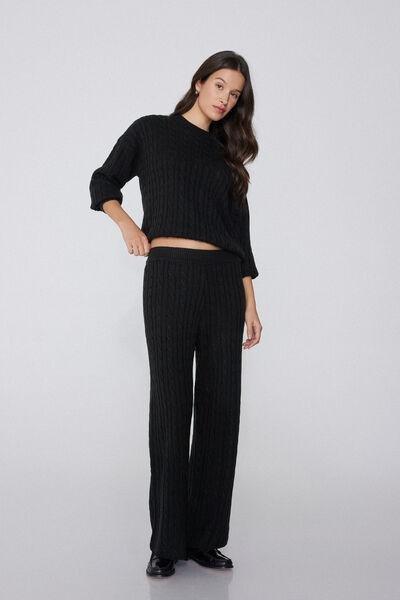 Black Cable Knit Palazzo Pants, Black, large image number 0