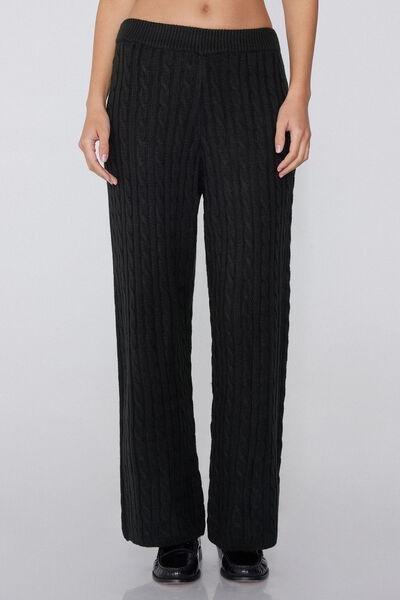 Black Cable Knit Palazzo Pants, Black, large image number 1
