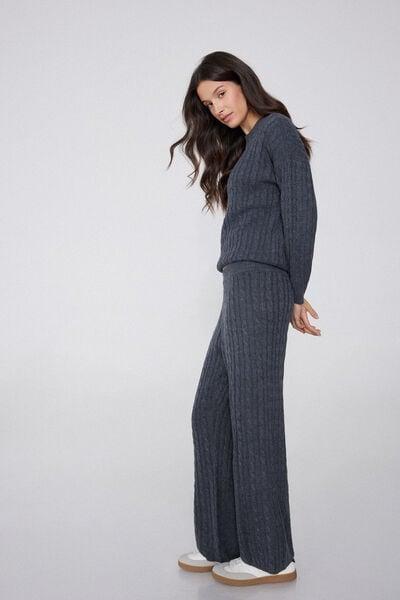 Navy Cable Knit Palazzo Pants, 5701_159Z, medium