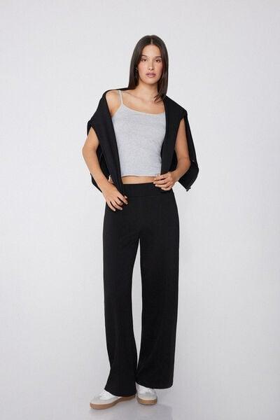 Black Soft Touch Fleece Palazzo Pants, Black, large image number 1