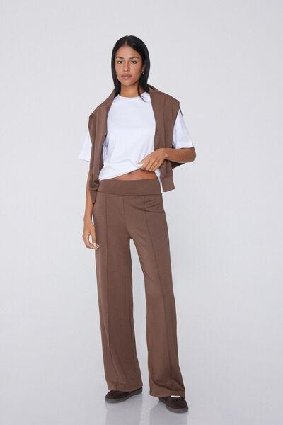 Beige Thick Soft Touch Fleece Palazzo Trousers, 5701_163Z, large image number 1