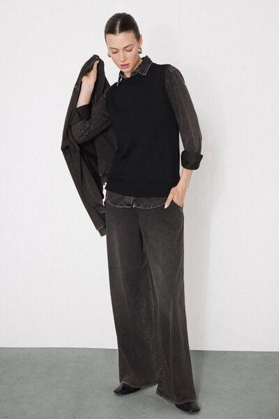 Grey Washed Stretch Denim Palazzo Pants, 5701_190Z, large image number 0