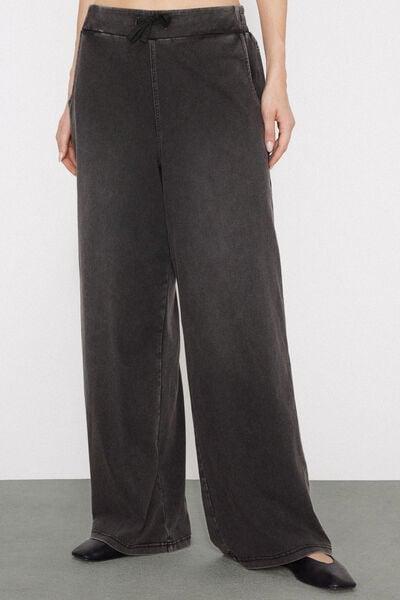 Grey Washed Stretch Denim Palazzo Pants, 5701_190Z, large image number 1