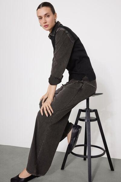 Grey Washed Stretch Denim Palazzo Pants, 5701_190Z, large image number 3