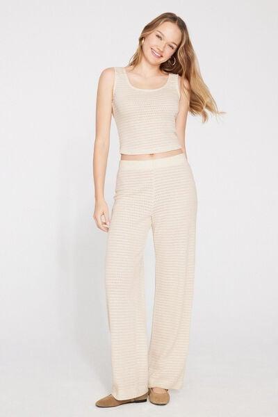 Cream Openwork Knit Effect Pants, 5701_356Z, large image number 0