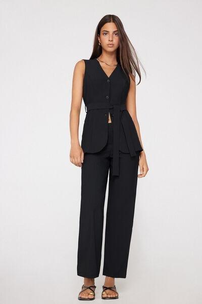 Black Easy Fit Cigarette Microfibre Pants, Black, large image number 0