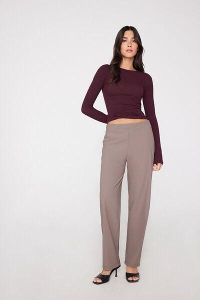 Brown Long Easy Fit Microfibre Cigarette Pants, 5701_530Z, large image number 0
