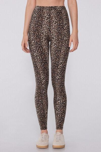 Brown Animal Print Cotton Leggings, , large image number 0