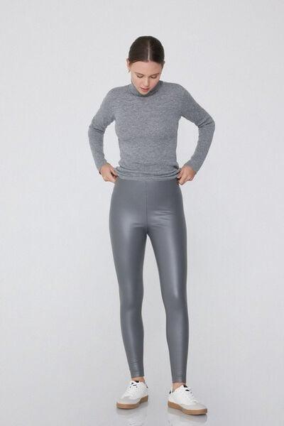 Grey Thermal Leather-Effect Leggings, 5701_032W, large image number 0
