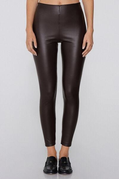 Brown Leather-Effect Thermal Cotton Leggings, 5701_915Y, large image number 0