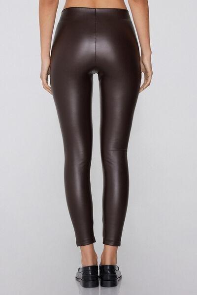 Brown Leather-Effect Thermal Cotton Leggings, 5701_915Y, large image number 1