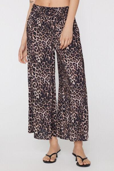 Black Animal Print Stitched-Smock Canvas Cropped Pants, 5701_299Z, large image number 1