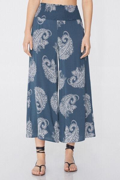 Blue Printed Cropped Trousers, , large image number 0