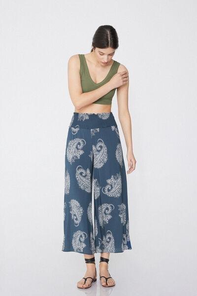 Blue Printed Cropped Trousers, , large image number 1