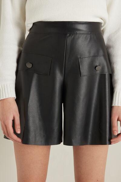 Black Buttoned Coated-Effect Shorts, , large image number 0
