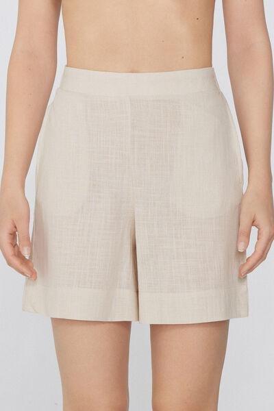 Beige Canvas High-Waist Shorts, , medium