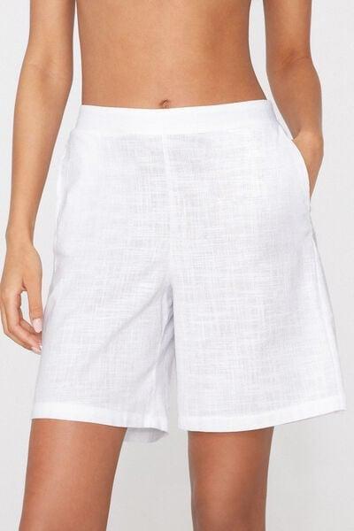 White Linen-Look Cotton Canvas Bermuda Shorts, White, large image number 1