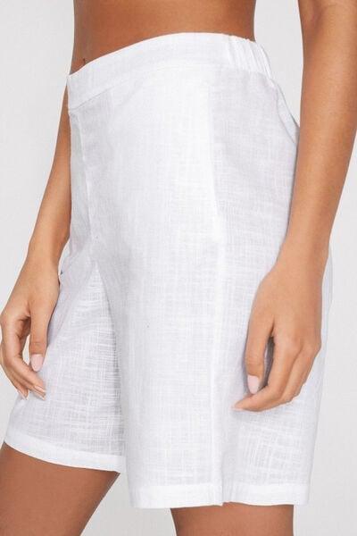 White Linen-Look Cotton Canvas Bermuda Shorts, White, large image number 3