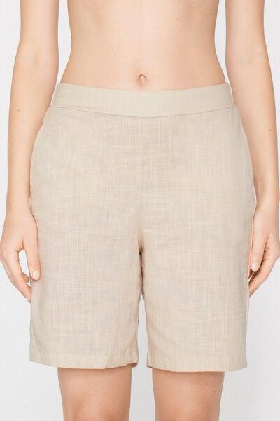 Beige Linen-Look Cotton Canvas Bermuda Shorts, 5701_350Z, large image number 1