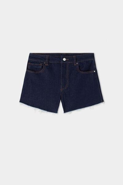 Tezenis - Blue Denim High-Waist Fringed Denim Shorts