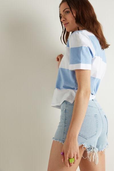 Blue High-Waist Fringed Denim Shorts, , large image number 0