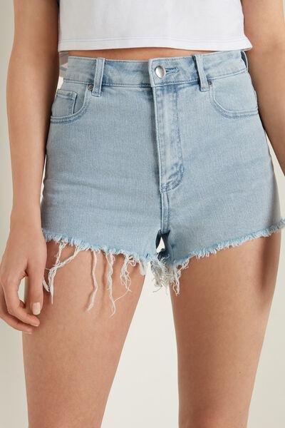 Blue High-Waist Fringed Denim Shorts, , large image number 1