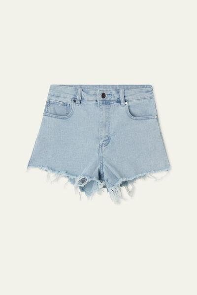 Blue High-Waist Fringed Denim Shorts, , large image number 4
