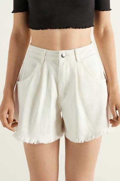 White High-Waist Paperbag Denim Shorts, , large image number 0