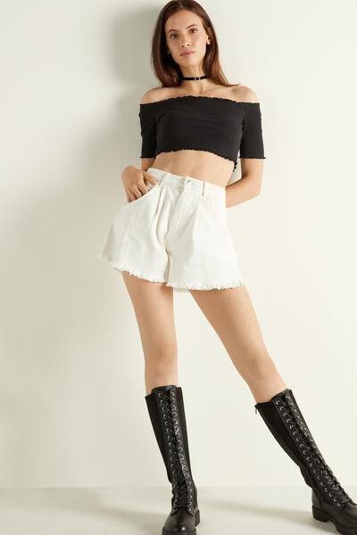 White High-Waist Paperbag Denim Shorts, , large image number 1