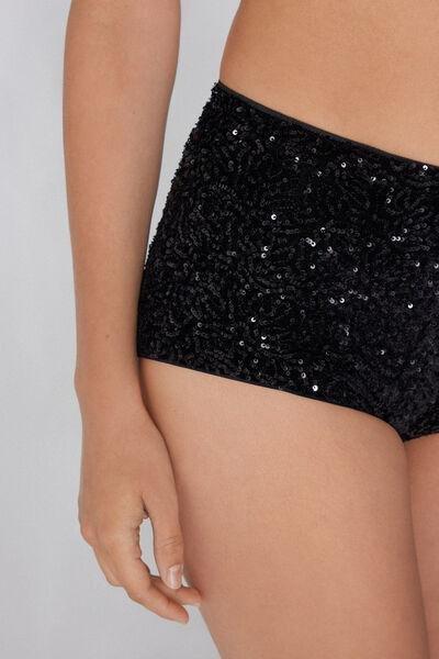 Black Sequin Slim Fit Shorts, Black, large image number 3