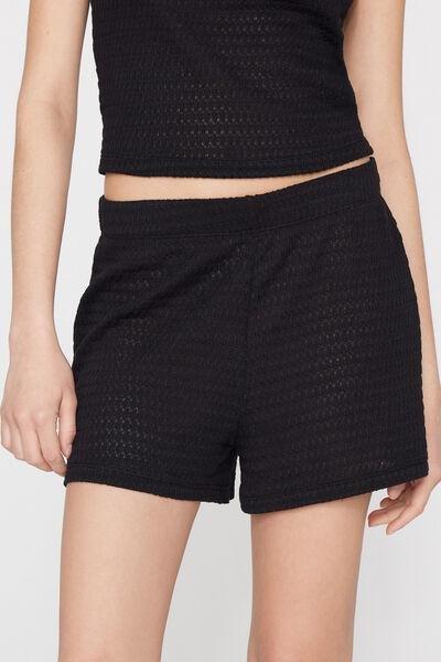Black Knit Effect Openwork Shorts, Black, medium