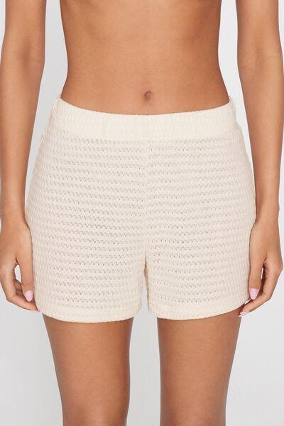 Cream Knit Effect Openwork Shorts, 5701_356Z, medium