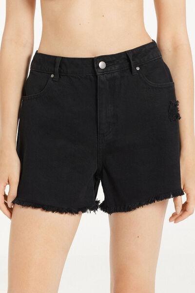 Black Fringed Denim Shorts, , large image number 0