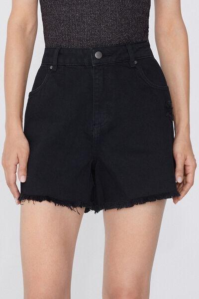 Black Fringed Denim Shorts, , large image number 0