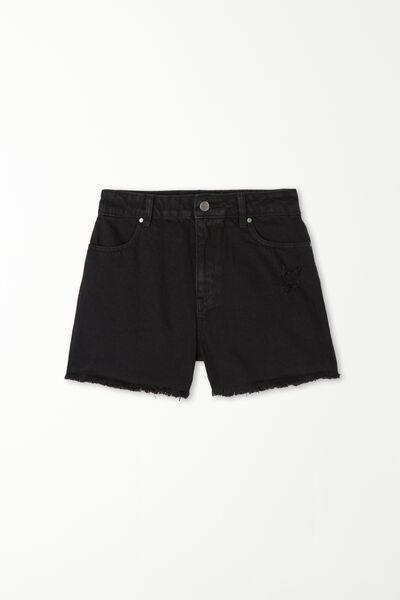 Black Fringed Denim Shorts, , large image number 4