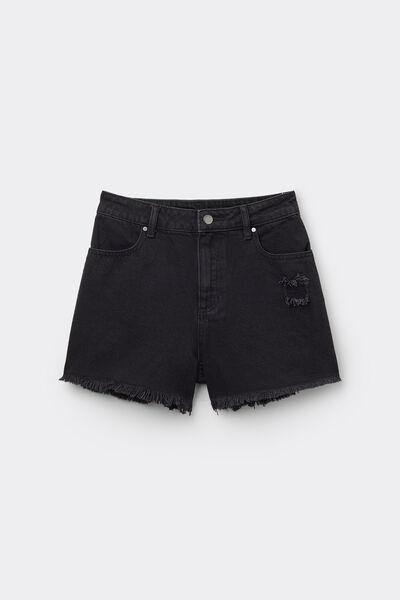 Black Fringed Denim Shorts, , large image number 4