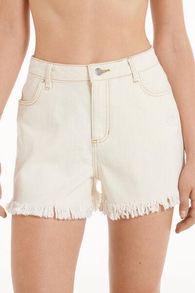 Cream Fringed Denim Shorts, , medium