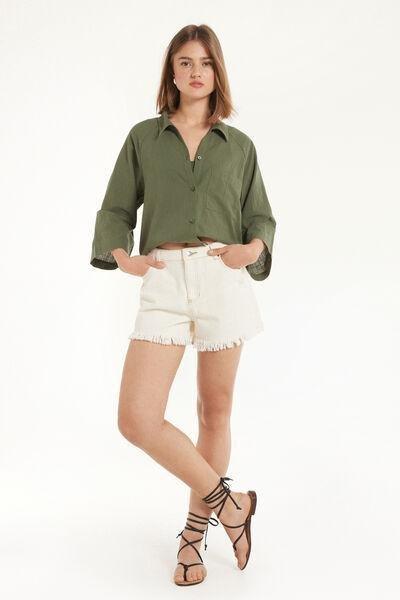 Cream Fringed Denim Shorts, , large image number 1