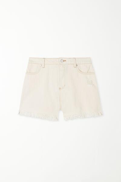 Cream Fringed Denim Shorts, , large image number 4